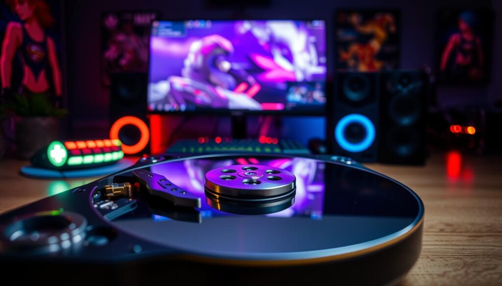 A close-up view of a sleek 7200RPM hard drive set against a modern gaming setup. In the foreground, the hard drive is presented prominently, displaying intricate details like the spinning disk and electronic components. The middle ground features a high-tech gaming console and vibrant LED-lit gaming monitor, showcasing a dynamic gaming scene. In the background, dimly lit room ambiance with gaming posters and ambient lighting creates an immersive atmosphere. The lighting is soft yet vibrant, emphasizing the hard drive's reflective surfaces. Capture the scene from a slightly elevated angle to showcase the depth of the gaming environment, evoking a mood of excitement and performance in gaming storage, thoughtfully illustrating the significance of 7200RPM HDDs for gaming enthusiasts.