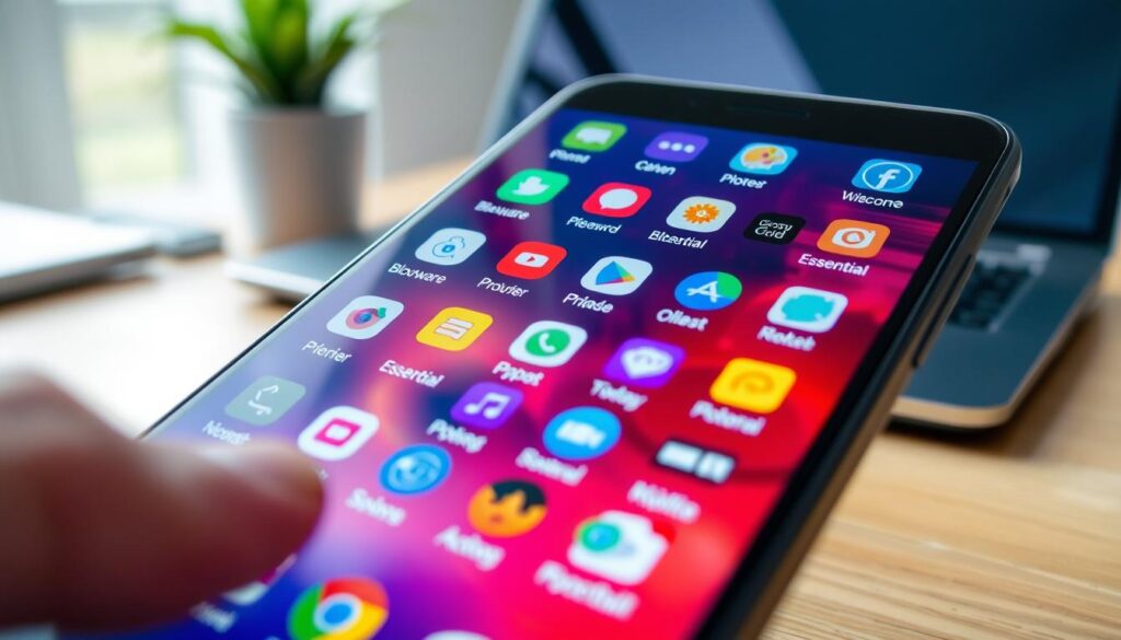 A close-up view of an Android smartphone displaying a colorful app drawer filled with various icons, some labeled as bloatware and others as essential apps. The foreground features a finger tapping on a specific bloatware icon, indicating selection. In the middle, a subtle glow highlights the bloatware icons, while essential app icons remain brightly lit and distinct. The background shows a plush, modern workspace with a laptop and a potted plant to evoke a tech-savvy atmosphere. Soft, diffused lighting enhances the focus on the smartphone screen, while a macro lens effect brings clarity to the details of the app icons. The overall mood is informative and professional, aimed at educating the viewer about app management on Android devices.