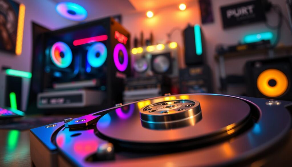 A detailed close-up of a high-performance 7200 RPM hard drive, showcasing its sleek, metallic design and intricate internal components, dominates the foreground. The hard drive is partially open, revealing the shiny platters and delicate read/write heads in action. In the middle, a vibrant gaming setup features a modern gaming PC with RGB lighting, surrounded by neatly organized game discs and digital storage icons, conveying the theme of "gaming storage." The background features a softly blurred gaming room, illuminated by ambient LED lights, enhancing the mood of focus and excitement. Use soft, diffused lighting to create an inviting atmosphere, with a sharp focus on the hard drive, captured from a slightly elevated angle to emphasize its importance in gaming storage. The resulting image should evoke a sense of innovation and efficiency in modern gaming.