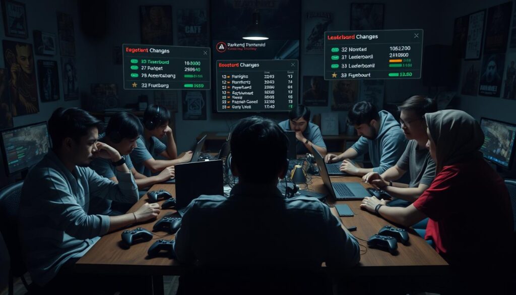 A digital artwork depicting the negative impacts of boosting in gaming communities. In the foreground, a diverse group of gamers, dressed in casual, modest attire, sits around a large table cluttered with controllers and laptops. They express frustration and disappointment, showing body language that reflects stress and anxiety. In the middle ground, blurred motion graphics of rankings and leaderboard changes hover ominously, illustrating the pressure and competition. In the background, a dimly lit room filled with gaming posters and memorabilia enhances the atmosphere of tension. Soft, dramatic lighting casts shadows across the scene, emphasizing the somber mood. The composition is shot from a slightly elevated angle to capture the expressions and interactions of the gamers, creating a sense of intimacy and urgency regarding the impacts of boosting within the gaming community.