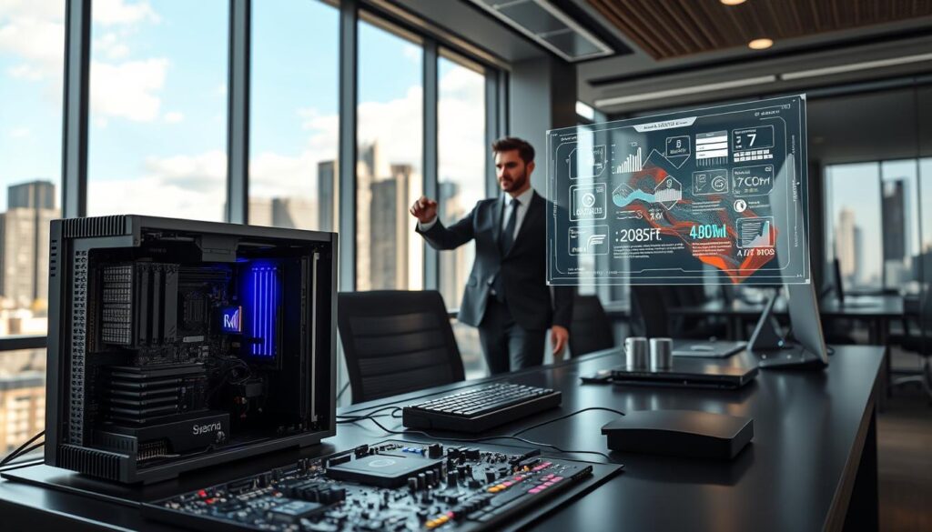 A futuristic computer workstation set in a sleek, modern office environment, emphasizing advanced computing platforms and AI technology. In the foreground, display a high-end desktop PC with an intricate motherboard visible, showcasing AI chip specifications and supports. In the middle ground, include a professional wearing business attire, interacting with a holographic interface displaying data analytics and computational features. The background features a large window with a city skyline, allowing natural lighting to enhance the scene. Use a wide-angle lens to capture the dynamic layout, highlighting the contrast between the high-tech elements and the urban backdrop. The overall mood should be one of innovation and progress, showcasing the future of AI-driven computing technology.