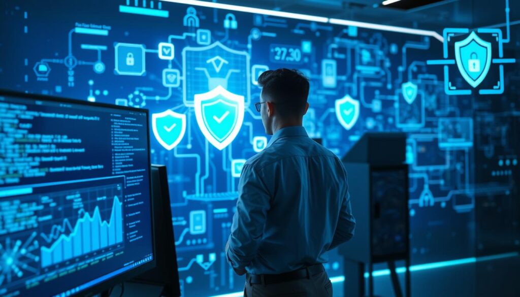 A futuristic cybersecurity scene showcasing a digital landscape to represent "avoiding anti-scraping blocks." In the foreground, a computer monitor displays intricate code and graphs, with a professional user in modest casual attire, focused on the screen. In the middle, various digital shields and firewalls illustrate protection against scraping detection, glowing in blue and green hues. The background features abstract digital elements, such as binary code and network connections, conveying a sense of advanced technology. Soft, ambient lighting enhances the atmosphere, giving it a high-tech, secure feel. The camera angle is a slightly elevated perspective, allowing a clear view of the monitor's content while immersing viewers in the digital world of cybersecurity.