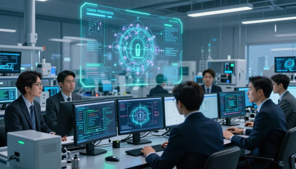 A futuristic laboratory setting showcasing the concept of quantum key distribution (QKD) and post-quantum cryptography (PQC). In the foreground, a diverse group of professionals in business attire, engaged in discussion around advanced computer screens displaying complex cryptographic algorithms and quantum circuits. The middle ground features holographic displays illustrating quantum entanglement and security protocols, bathed in soft blue and green ambient lighting that emphasizes a high-tech atmosphere. The background includes sleek laboratory equipment and digital interfaces, with a subtle hint of city skylines visible through large windows, suggesting an international collaboration. The scene captures a mood of innovation, urgency, and strategic planning, with a focus on the importance of hybrid approaches in the evolving landscape of cybersecurity.