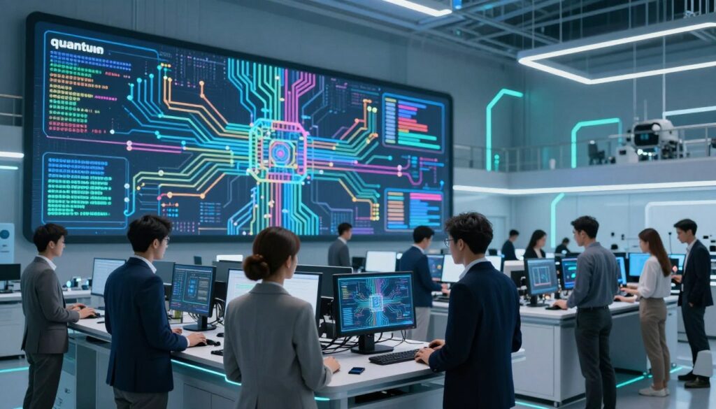 A futuristic scene capturing the essence of "quantum algorithms" in a modern industrial setting. In the foreground, a diverse group of professionals, dressed in smart business attire, engages with advanced quantum computing devices, showcasing interaction and collaboration. In the middle ground, a large digital screen displays complex quantum algorithms visualized as colorful, intricate patterns of data flowing through circuits. The background features an ultra-modern lab with sleek design, glowing with soft blue and green lighting to create a high-tech atmosphere. The overall mood is one of innovation and cutting-edge technology, with a focus on collaboration and exploration in quantum computing. The lens is slightly wide-angle to emphasize the dynamic environment.