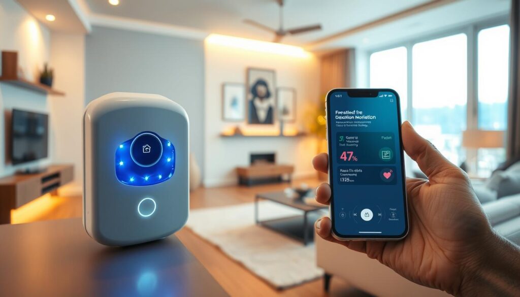 A high-tech smart home interior showcasing IoT fire detection technology in action. In the foreground, prominently feature a sleek, modern fire sensor device with LED indicators, emitting a soft glow. In the middle ground, display a smartphone interface showing real-time alerts and monitoring features for fire safety. The background should illustrate a stylish living room, equipped with smart home appliances, ambient lighting, and a large window allowing natural light to flow in, enhancing the high-tech vibe. The atmosphere should feel secure yet innovative, emphasizing the cutting-edge nature of fire detection technology. Use a wide-angle lens to capture the entire scene, and opt for bright, warm lighting to convey comfort and safety.