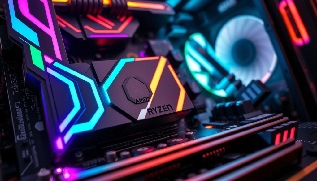 A highly detailed, close-up view of a cutting-edge gaming motherboard designed for high-performance gaming, specifically featuring the AMD Ryzen 7 7800X3D chipset. The foreground showcases vibrant, illuminated RAM slots with sleek, RGB-lit RAM sticks inserted, embodying the essence of modern gaming aesthetics. The middle ground highlights the intricate circuits and cooling components, emphasizing a robust cooling solution with heat sinks and fans. The background contains a blurred view of a stylishly designed gaming case with a hint of LED lighting, creating a dynamic atmosphere. Soft, focused lighting captures the metallic textures and colors vividly, while a slight angle adds depth, conveying innovation and high-tech sophistication, perfect for a 2024 desktop build. A highly detailed, close-up view of a cutting-edge gaming motherboard designed for high-performance gaming, specifically featuring the AMD Ryzen 7 7800X3D chipset. The foreground showcases vibrant, illuminated RAM slots with sleek, RGB-lit RAM sticks inserted, embodying the essence of modern gaming aesthetics. The middle ground highlights the intricate circuits and cooling components, emphasizing a robust cooling solution with heat sinks and fans. The background contains a blurred view of a stylishly designed gaming case with a hint of LED lighting, creating a dynamic atmosphere. Soft, focused lighting captures the metallic textures and colors vividly, while a slight angle adds depth, conveying innovation and high-tech sophistication, perfect for a 2024 desktop build.