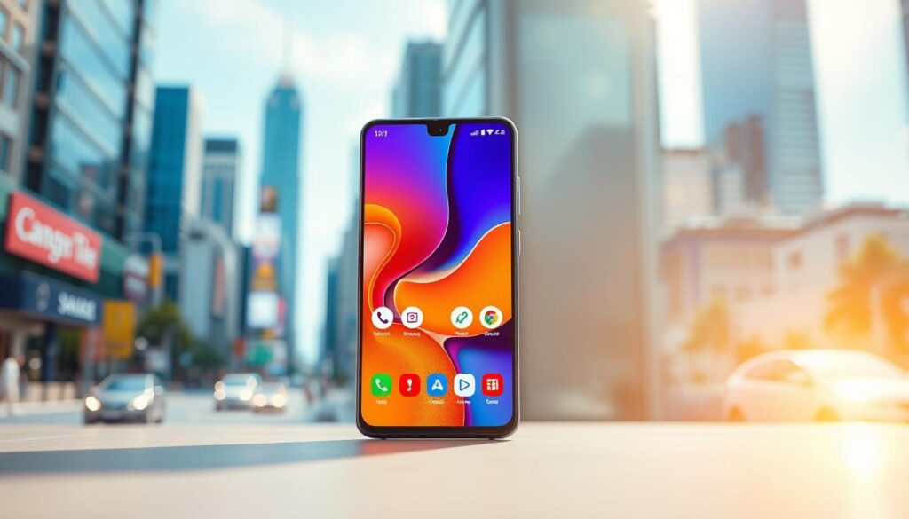 A modern Samsung Galaxy M54 5G smartphone, featuring a sleek design, is centered in the foreground against a vibrant urban backdrop. The device's luminous screen displays vivid app icons, highlighting its advanced technology. In the middle ground, a blurred view of city life creates a dynamic atmosphere, while soft sunlight casts a warm glow over the scene, enhancing the device's shiny surface. The background includes skyscrapers and bustling streets, symbolizing connectivity and modernity. The composition should be shot from a slightly elevated angle, giving the viewer a sense of immersion. The overall mood is energetic and future-forward, showcasing the reliability and power of the Samsung Galaxy M54 5G's long-lasting battery, emphasizing its robust features in an engaging setting. A modern Samsung Galaxy M54 5G smartphone, featuring a sleek design, is centered in the foreground against a vibrant urban backdrop. The device's luminous screen displays vivid app icons, highlighting its advanced technology. In the middle ground, a blurred view of city life creates a dynamic atmosphere, while soft sunlight casts a warm glow over the scene, enhancing the device's shiny surface. The background includes skyscrapers and bustling streets, symbolizing connectivity and modernity. The composition should be shot from a slightly elevated angle, giving the viewer a sense of immersion. The overall mood is energetic and future-forward, showcasing the reliability and power of the Samsung Galaxy M54 5G's long-lasting battery, emphasizing its robust features in an engaging setting.