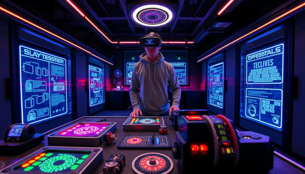 A modern, immersive virtual reality escape room scene featuring a sleek futuristic design and intricate puzzles. In the foreground, a table holds various brain-teaser puzzles, including mechanical locks and riddles with colorful LED lights. The middle ground showcases a user wearing a VR headset, dressed in casual, comfortable clothing, focused intently on solving a puzzle. The background reveals high-tech walls with holographic clues, dimly lit with ambient lighting that enhances the atmosphere of mystery and intrigue. The setting is vibrant yet slightly tense, emphasizing the clever, cerebral nature of the game while maintaining a clean, organized look. A wide-angle perspective captures the immersive environment, inviting viewers to step into this engaging and challenging world. A modern, immersive virtual reality escape room scene featuring a sleek futuristic design and intricate puzzles. In the foreground, a table holds various brain-teaser puzzles, including mechanical locks and riddles with colorful LED lights. The middle ground showcases a user wearing a VR headset, dressed in casual, comfortable clothing, focused intently on solving a puzzle. The background reveals high-tech walls with holographic clues, dimly lit with ambient lighting that enhances the atmosphere of mystery and intrigue. The setting is vibrant yet slightly tense, emphasizing the clever, cerebral nature of the game while maintaining a clean, organized look. A wide-angle perspective captures the immersive environment, inviting viewers to step into this engaging and challenging world.