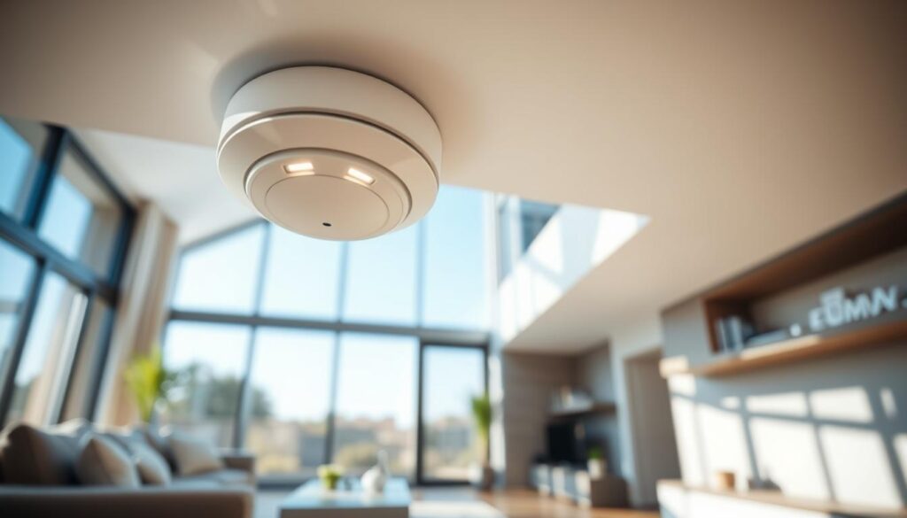 A modern smart home interior showcasing a sleek smoke detection sensor installed on a ceiling. In the foreground, we see a close-up of the sensor, designed with an elegant, minimalist aesthetic and subtle LED indicators glowing softly. The middle ground features a well-furnished living space with contemporary furniture, highlighting safety and comfort. Natural light filters through large windows, creating a warm and welcoming atmosphere. In the background, a clear blue sky is visible outside, symbolizing safety and tranquility. The scene conveys a sense of security and advanced technology, emphasizing the importance and benefits of smart smoke detection systems in preventing fire hazards. The angle is slightly tilted to create a dynamic perspective, adding depth to the image.