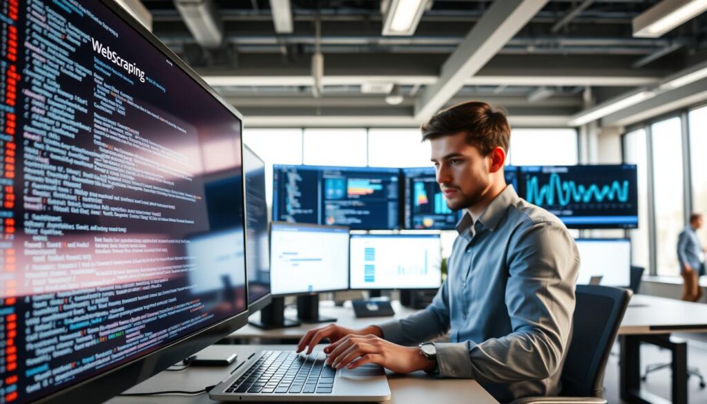 A modern tech workspace showcasing a computer screen filled with lines of Python code for web scraping. In the foreground, a focused professional in smart casual attire is engaged in coding, emphasizing concentration. The middle layer features a sleek laptop, various coding tools, and multiple monitors displaying graphs and analytics related to web data. The background shows a bright and contemporary office setting with large windows letting in natural light, creating an energetic and productive atmosphere. The lighting is soft yet bright, giving a sense of innovation and urgency. Capture the essence of rapid data extraction and automation, reflecting an advanced tech environment while maintaining professionalism.