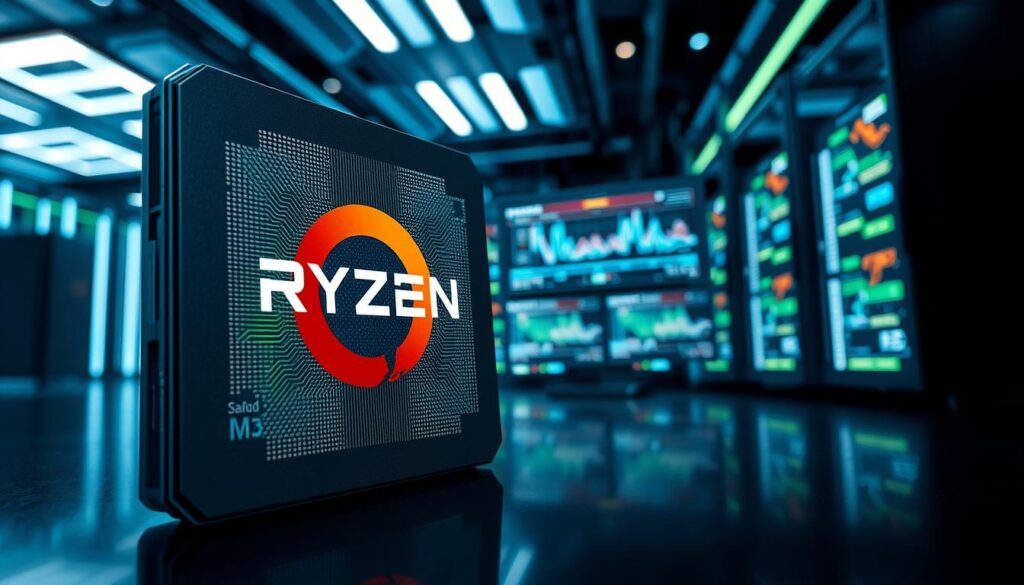 A sleek and modern depiction of an AMD Ryzen processor prominently featured in the foreground, showcasing its intricate design with vivid details of circuits and cores. In the middle ground, visualize a high-performance computing environment with multiple monitors displaying graphs and algorithms related to parallel computing, emphasizing the power of AI applications. The background should include a futuristic server room with soft blue and green LED lighting to create a tech-savvy atmosphere. Use a wide-angle lens perspective to capture the depth of the scene, ensuring the focus remains on the Ryzen chip while still highlighting the surrounding technology. The mood should convey innovation and excitement about the future of AI processing.