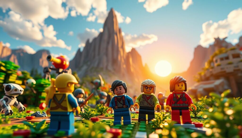 A vibrant LEGO scene depicting an adventurous gaming landscape inspired by "Horizon Adventures." In the foreground, colorful LEGO characters in dynamic poses explore a brick-built world filled with lush greenery and futuristic robotic creatures. In the middle ground, a towering LEGO structure mimics a vast mountain range under a bright blue sky, adorned with fluffy white clouds. The background features a glowing sunset, casting warm golden light across the scene, creating a cozy atmosphere. The overall mood should be playful and imaginative, evoking a sense of exploration and excitement. Use a wide-angle perspective to capture the expansive environment, ensuring the LEGO characters are engaging with their surroundings while immersing the viewer in this fantastical adventure. A vibrant LEGO scene depicting an adventurous gaming landscape inspired by "Horizon Adventures." In the foreground, colorful LEGO characters in dynamic poses explore a brick-built world filled with lush greenery and futuristic robotic creatures. In the middle ground, a towering LEGO structure mimics a vast mountain range under a bright blue sky, adorned with fluffy white clouds. The background features a glowing sunset, casting warm golden light across the scene, creating a cozy atmosphere. The overall mood should be playful and imaginative, evoking a sense of exploration and excitement. Use a wide-angle perspective to capture the expansive environment, ensuring the LEGO characters are engaging with their surroundings while immersing the viewer in this fantastical adventure.