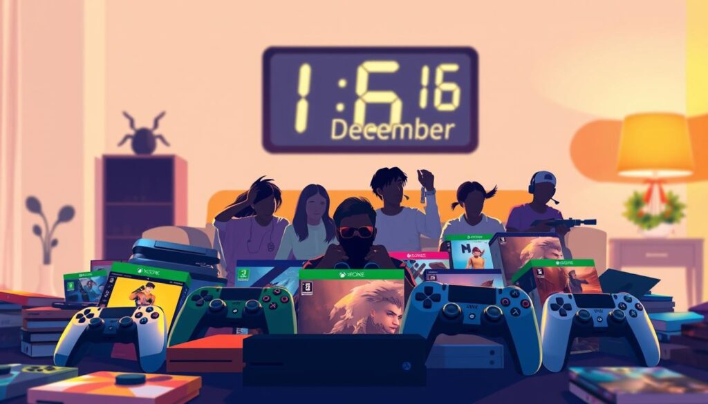 A vibrant and dynamic illustration featuring a variety of gaming elements to represent "games December." In the foreground, showcase iconic gaming consoles and controllers surrounded by colorful game cases, emphasizing upcoming titles. The middle layer should include silhouettes of diverse players, focused and immersed in gaming, dressed in casual attire. In the background, depict a cozy living room setting with soft, warm lighting, creating an inviting atmosphere. A large digital clock on the wall reads "16 December" in a stylish font, highlighting the urgency of the game catalog transition. Use a slightly blurred depth-of-field effect to focus on the foreground, while the background remains inviting yet atmospheric, evoking excitement for upcoming gaming releases. A vibrant and dynamic illustration featuring a variety of gaming elements to represent "games December." In the foreground, showcase iconic gaming consoles and controllers surrounded by colorful game cases, emphasizing upcoming titles. The middle layer should include silhouettes of diverse players, focused and immersed in gaming, dressed in casual attire. In the background, depict a cozy living room setting with soft, warm lighting, creating an inviting atmosphere. A large digital clock on the wall reads "16 December" in a stylish font, highlighting the urgency of the game catalog transition. Use a slightly blurred depth-of-field effect to focus on the foreground, while the background remains inviting yet atmospheric, evoking excitement for upcoming gaming releases.
