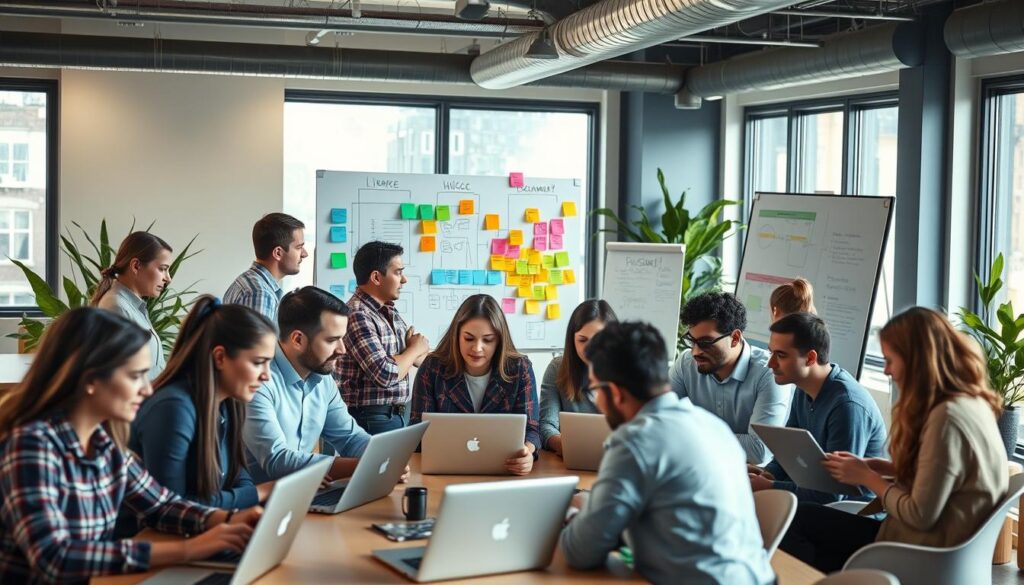 A vibrant community of developers gathered in a modern co-working space, collaborating on low-code application development. In the foreground, a diverse group of professionals, both men and women, focus intently on their laptops, discussing and sharing ideas. They wear smart casual attire, conveying a sense of professionalism. In the middle, colorful sticky notes and large whiteboards filled with diagrams illustrate documentation and brainstorming sessions. The background shows a well-lit environment with large windows, allowing natural light to flood the space, creating a warm, inviting atmosphere. Soft shadows enhance the depth of the scene, while hints of greenery from potted plants add freshness. The overall mood is one of collaboration and innovation, emphasizing the importance of community support and documentation in the tech industry.