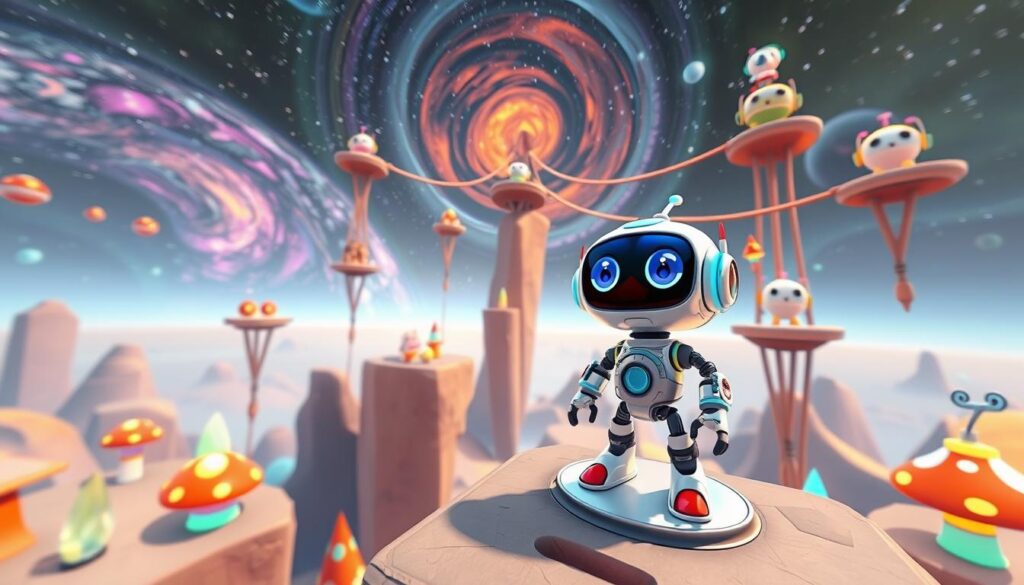 A vibrant virtual reality scene featuring an adorable astro bot character navigating a whimsical platformer landscape. In the foreground, the bot, with expressive eyes and colorful design, stands on a floating platform surrounded by playful obstacles like bouncing mushrooms and glowing crystals. In the middle ground, platforms of varying heights lead upward, connected by ropes and bridges, with friendly mechanical creatures peeking out. The background showcases a stunning extraterrestrial horizon with swirling nebulae and distant stars. The lighting is bright and engaging, casting cheerful shadows and highlighting the bot's features with a soft glow. Capture this adventurous atmosphere in a whimsical, immersive style, evoking a sense of excitement and wonder in the viewer. A vibrant virtual reality scene featuring an adorable astro bot character navigating a whimsical platformer landscape. In the foreground, the bot, with expressive eyes and colorful design, stands on a floating platform surrounded by playful obstacles like bouncing mushrooms and glowing crystals. In the middle ground, platforms of varying heights lead upward, connected by ropes and bridges, with friendly mechanical creatures peeking out. The background showcases a stunning extraterrestrial horizon with swirling nebulae and distant stars. The lighting is bright and engaging, casting cheerful shadows and highlighting the bot's features with a soft glow. Capture this adventurous atmosphere in a whimsical, immersive style, evoking a sense of excitement and wonder in the viewer.