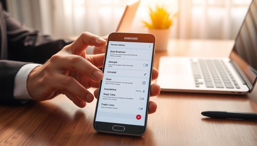 A well-organized workspace featuring a modern Samsung smartphone on a wooden desk, with the screen displaying the settings menu focused on removing bloatware. In the foreground, a pair of hands, dressed in professional business attire, navigates the screen with intent. The middle layer shows relevant icons like "Apps" and "Uninstall," emphasizing the task at hand. The background includes a softly lit room with a blurred laptop and a potted plant, creating a calm and productive atmosphere. The lighting is warm and inviting, casting gentle shadows that highlight the device. The composition feels informative yet approachable, reflecting a practical step in optimizing smartphone performance.