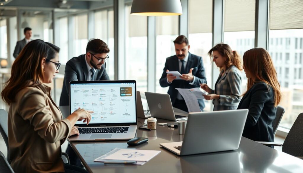 An office workspace with a diverse group of professionals, two men and two women, collaborating around a sleek conference table filled with laptops and digital design mockups. In the foreground, a focused woman in smart casual attire points towards a laptop screen displaying a chaotic flowchart filled with mistakes. In the middle ground, a man in a suit reviews application interfaces with visible frustration, while another woman discusses ideas enthusiastically. The background features large windows allowing natural light to pour in, highlighting the modern office ambiance. The atmosphere is tense yet collaborative, filled with brainstorming energy, emphasizing common pitfalls in low-code application development. Use soft lighting to create a warm, engaging environment, capturing the seriousness of the discussion without being overly dramatic.