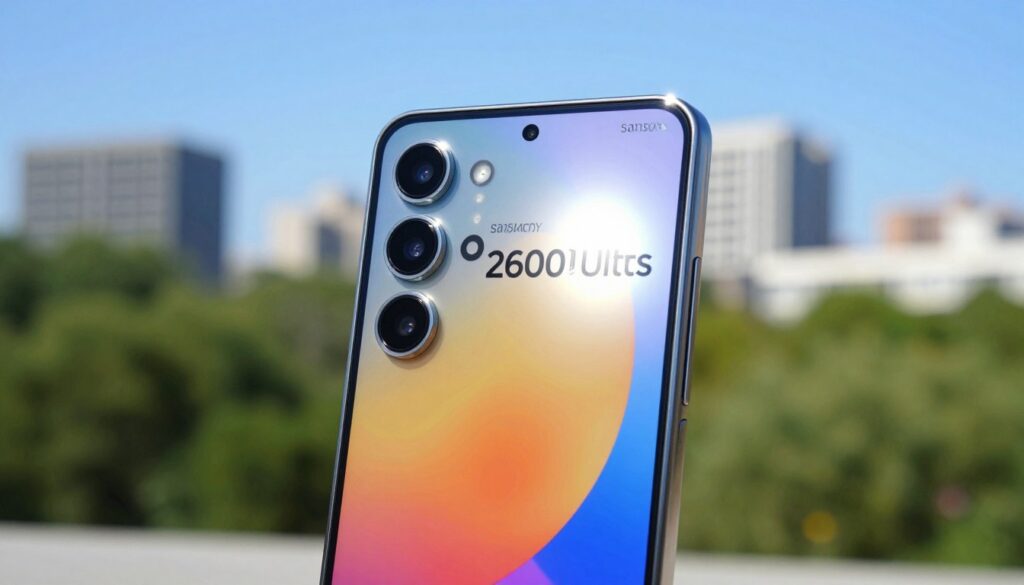 A Samsung Galaxy S25 Ultra smartphone is prominently displayed in the foreground, showcasing its vibrant screen under direct sunlight. The screen is illuminated to highlight its maximum brightness of 2600 nits, creating an impressive glow that draws the viewer's attention. The device's sleek design and high-resolution display are detailed, capturing reflections and subtle textures. In the middle ground, blurred greenery suggests an outdoor environment, enhancing the immersive experience of using the device in bright conditions. The background features a softly focused urban skyline under a clear blue sky, emphasizing the powerful display's capabilities in various lighting scenarios. The overall mood is dynamic and modern, conveying the excitement of advanced technology in everyday use.