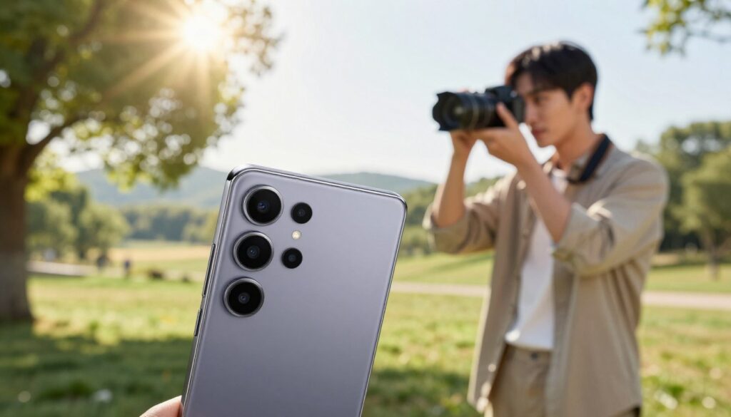 A Samsung Galaxy S25 Ultra smartphone prominently displayed in the foreground, showcasing its sleek design and advanced camera setup. The phone is positioned at a slight angle to highlight its triple camera module and glossy finish. In the middle ground, a vibrant outdoor setting captures a photographer intently taking photos, dressed in casual but neat clothing, using the Galaxy S25 Ultra. The background features a picturesque landscape with soft sunlight filtering through trees, creating a warm and inviting atmosphere. The scene conveys the essence of mobile photography excellence, emphasizing the phone's ability to capture stunning images effortlessly. Soft focus and natural lighting enhance the overall mood, highlighting the phone's camera capabilities in action.