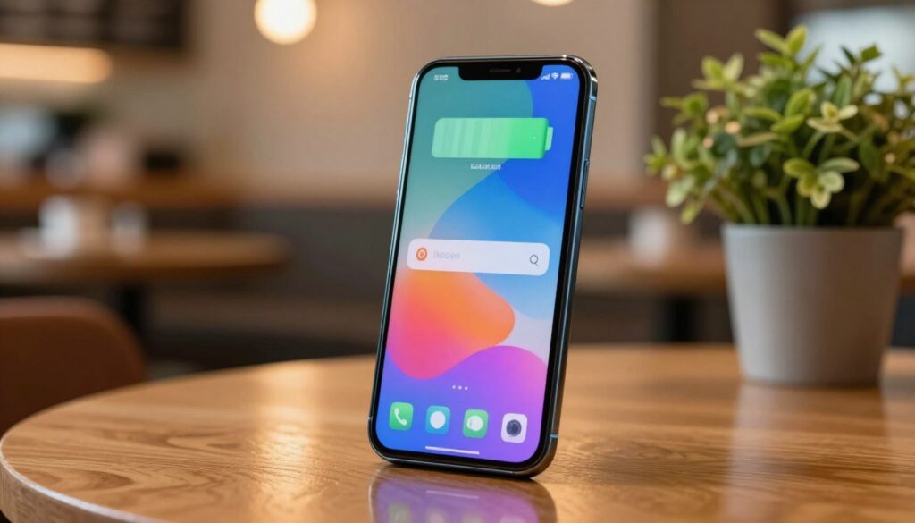 A modern mid-range smartphone prominently displayed in the foreground, featuring a vibrant screen that showcases its sleek interface. The phone is positioned slightly tilted, allowing a clear view of its long-lasting battery indicator. Surrounding the phone, a soft-focus background of a cozy café setting with warm lighting creates an inviting atmosphere, hinting at everyday usability. Subtle reflections on a nearby table suggest a user-friendly design, while fresh greenery from a potted plant adds a touch of life. The lighting is warm, emphasizing a sense of reliability and comfort, and the angle is slightly above eye level to emphasize the smartphone’s features. No people are present, ensuring a clean, product-focused image. The overall mood is professional yet approachable, suitable for showcasing innovation in smartphone technology. A modern mid-range smartphone prominently displayed in the foreground, featuring a vibrant screen that showcases its sleek interface. The phone is positioned slightly tilted, allowing a clear view of its long-lasting battery indicator. Surrounding the phone, a soft-focus background of a cozy café setting with warm lighting creates an inviting atmosphere, hinting at everyday usability. Subtle reflections on a nearby table suggest a user-friendly design, while fresh greenery from a potted plant adds a touch of life. The lighting is warm, emphasizing a sense of reliability and comfort, and the angle is slightly above eye level to emphasize the smartphone’s features. No people are present, ensuring a clean, product-focused image. The overall mood is professional yet approachable, suitable for showcasing innovation in smartphone technology.