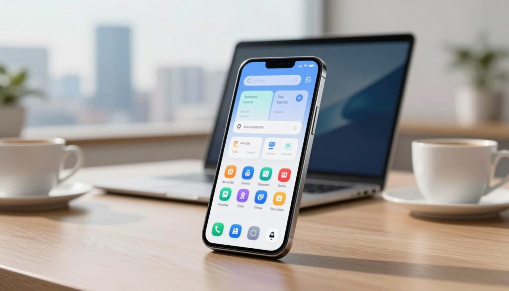 A modern smartphone with a sleek design, showcasing the latest software update interface on the screen, placed prominently in the foreground. The smartphone should be angled slightly to reveal colorful icons and notifications, creating a sense of technological advancement. In the middle ground, a blurred workspace with a laptop and a coffee cup highlights a professional atmosphere, suggesting productivity. The background features a soft-focus view of a city skyline to imply a contemporary environment. Soft, natural lighting enhances the image, casting gentle shadows and creating a warm, inviting mood. The overall tone should feel innovative and inspiring, capturing the essence of reliability and long-term performance in mid-range smartphones. A modern smartphone with a sleek design, showcasing the latest software update interface on the screen, placed prominently in the foreground. The smartphone should be angled slightly to reveal colorful icons and notifications, creating a sense of technological advancement. In the middle ground, a blurred workspace with a laptop and a coffee cup highlights a professional atmosphere, suggesting productivity. The background features a soft-focus view of a city skyline to imply a contemporary environment. Soft, natural lighting enhances the image, casting gentle shadows and creating a warm, inviting mood. The overall tone should feel innovative and inspiring, capturing the essence of reliability and long-term performance in mid-range smartphones.